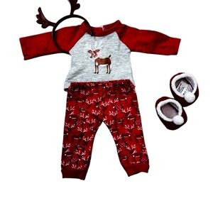 American Girl Doll 18" Festive Reindeer Pjs Pajama Shirt Red Christmas Headband